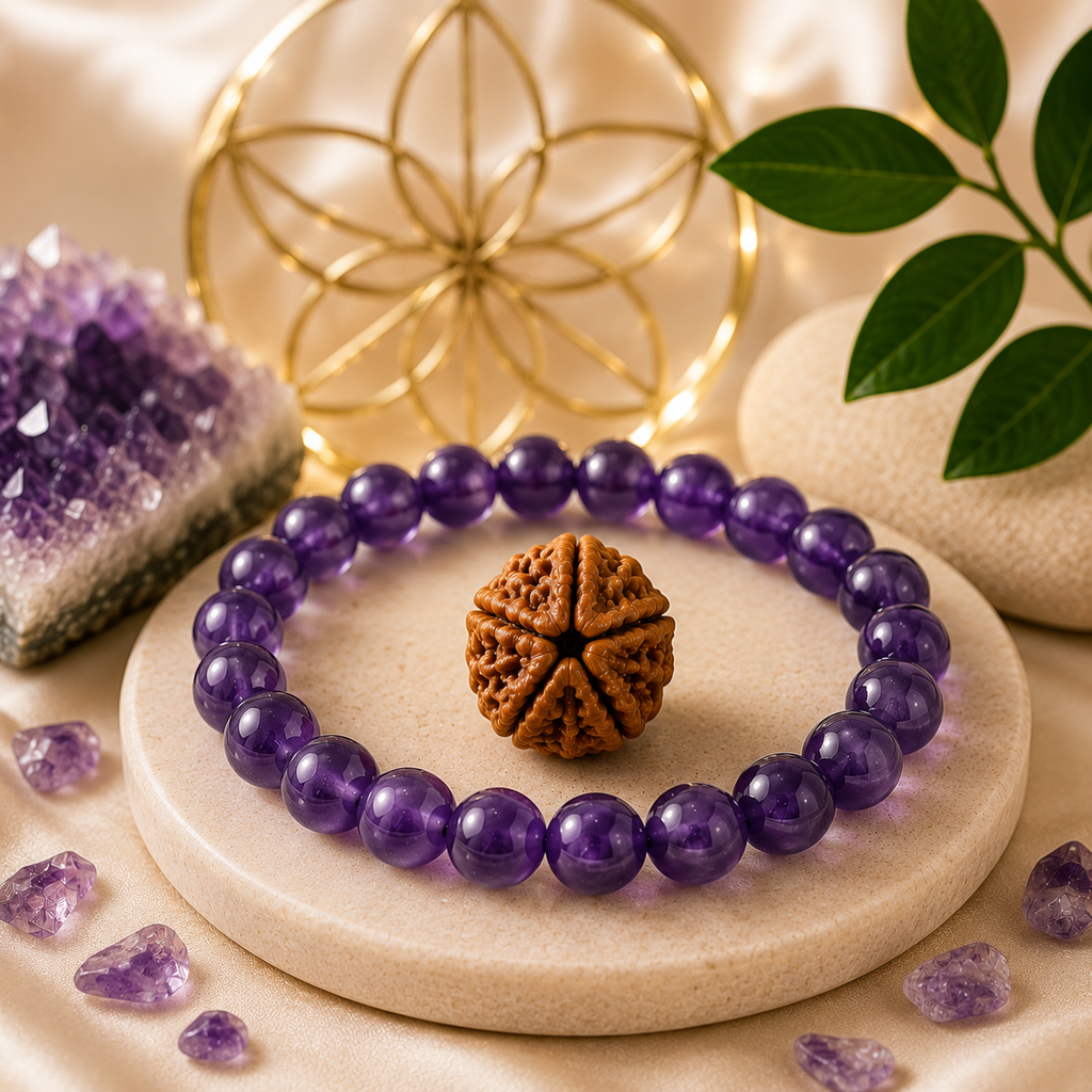5 Mukhi Rudraksha & Amethyst Bracelet
